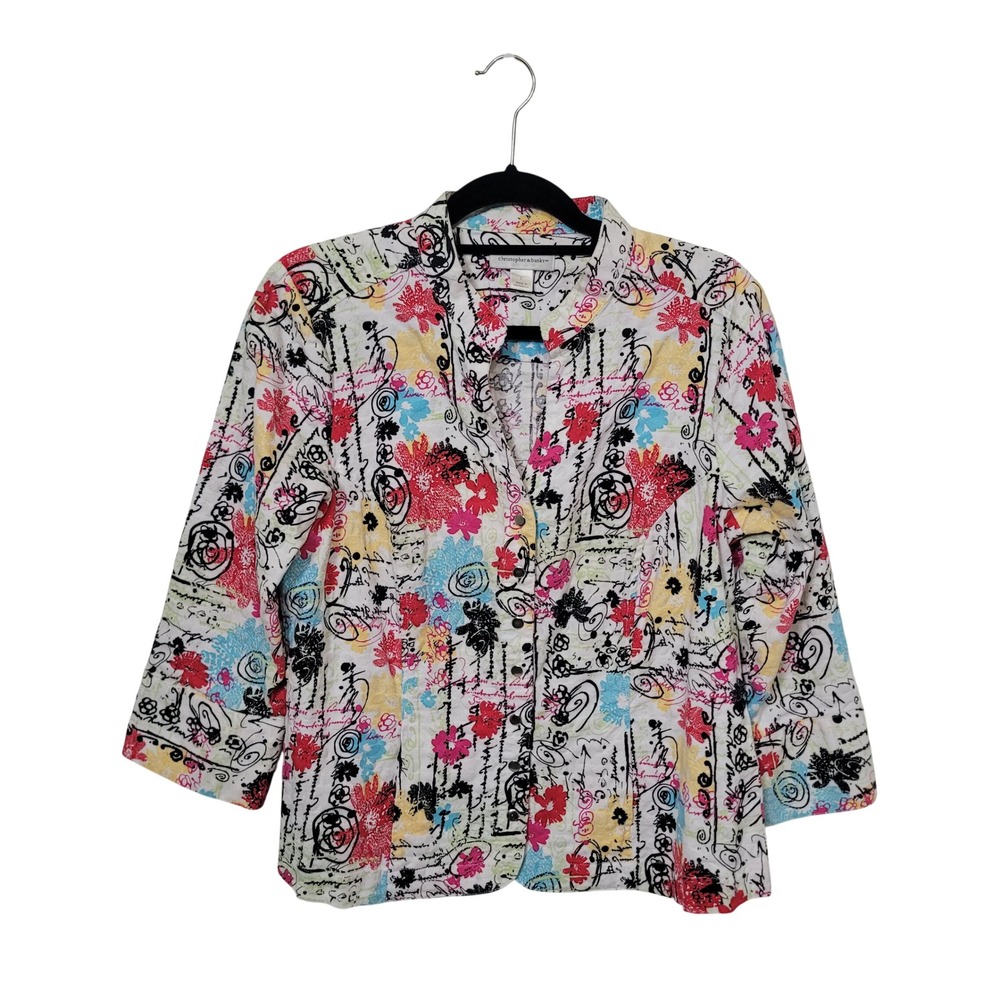 Christopher & Banks Large Button Up Jacket Womens Floral Abstract 3/4 Sleeve